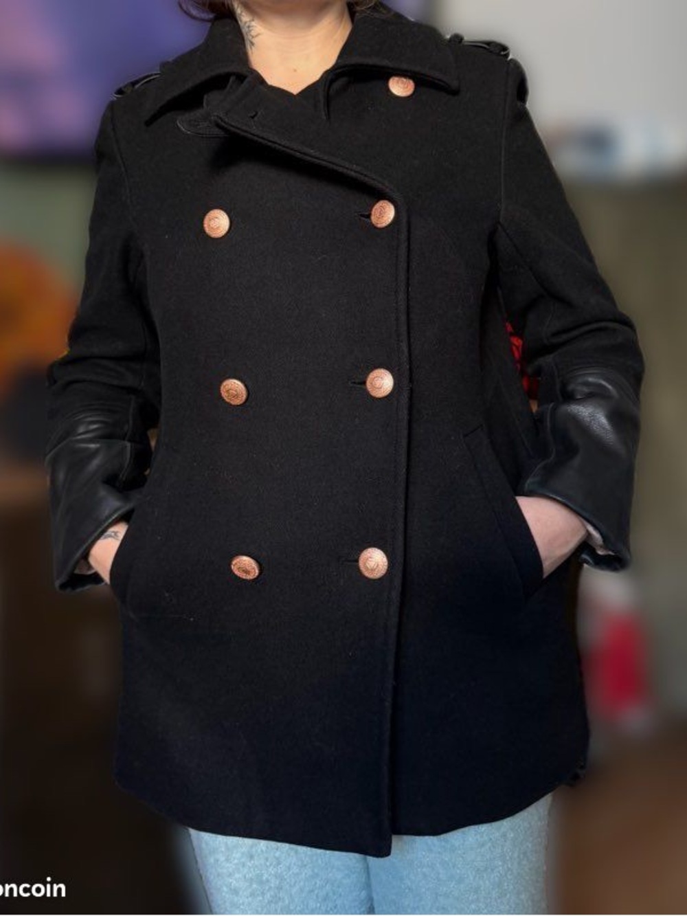 ELEVEN PARIS Black Double-Breasted Military Peacoat COAT Jacket Leather Trim
